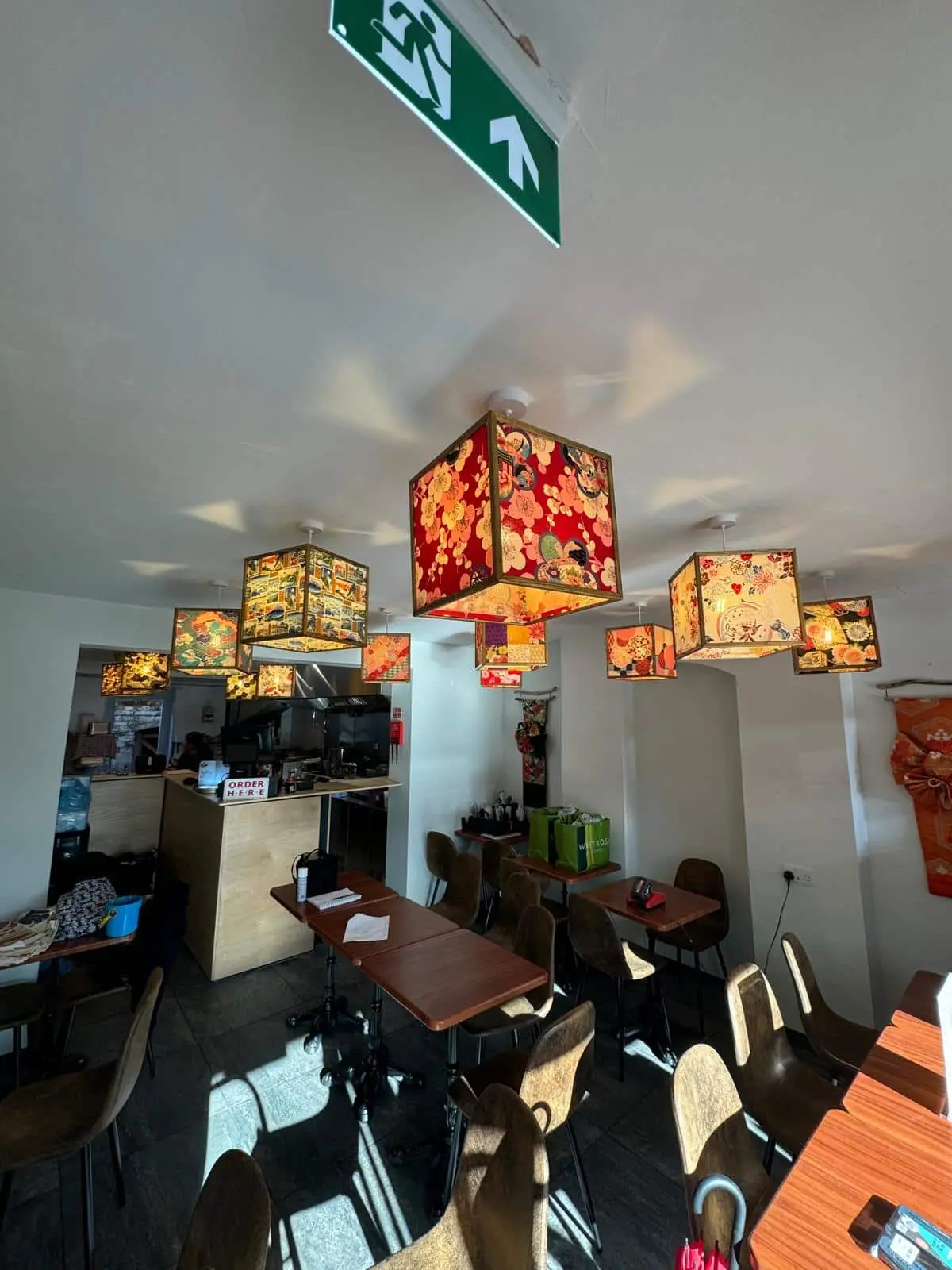Daikoku Ramen restaurant interior with decorative lighting, Gloucester Docks